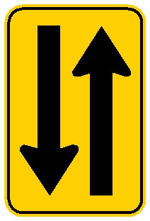 rectangular sign, yellow and black, two arrows in opposite directions