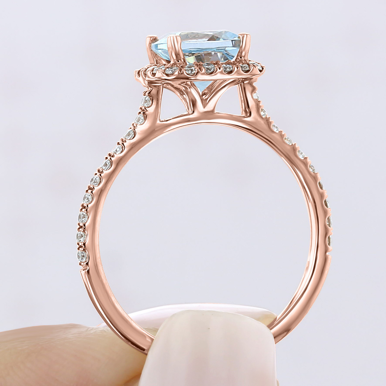 2Ct Oval Cut Aquamarine Diamond Pretty Halo Engagement Ring 14K Rose Gold Finish 