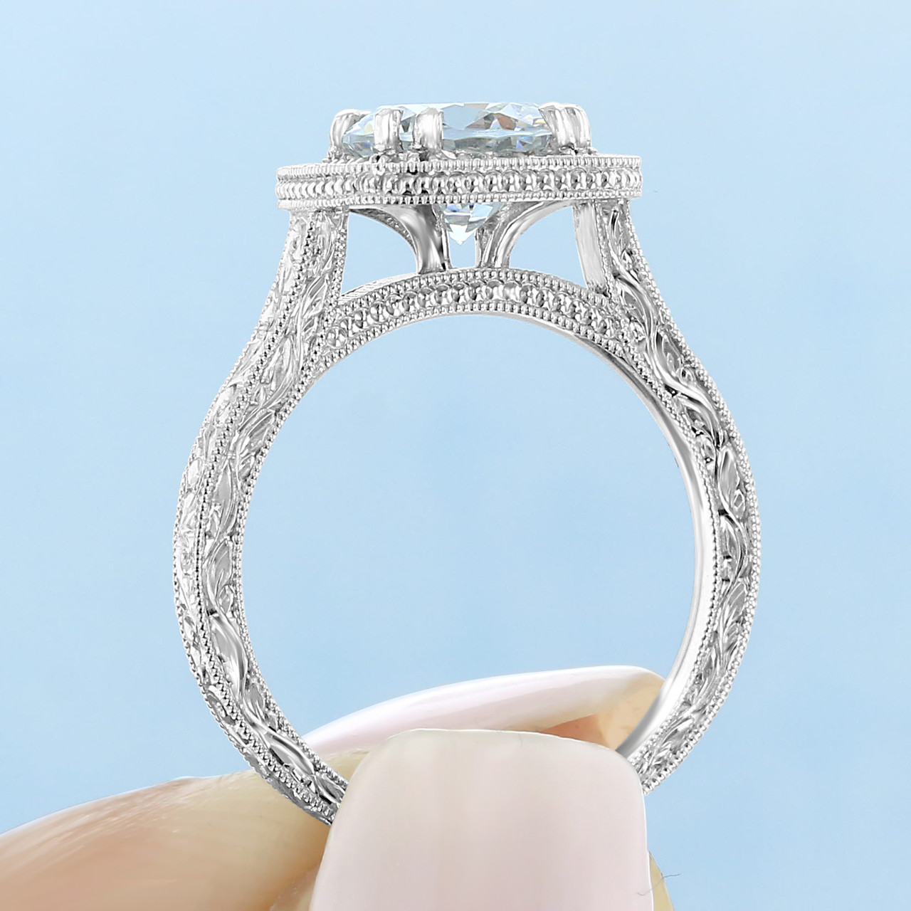 1.50 ct Round Halo Engraved Engagement 