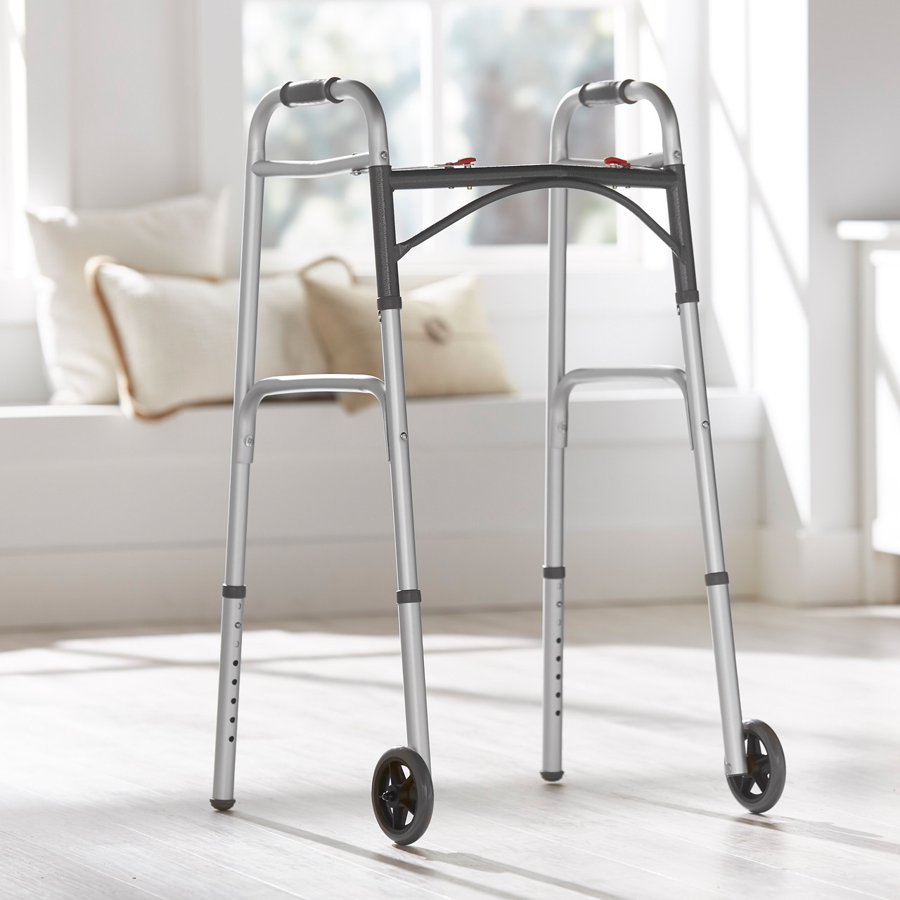 McKesson Folding Walker, 2 Wheels - Aluminum, Adjustable Height - Silver,  32 in to 39 in Height