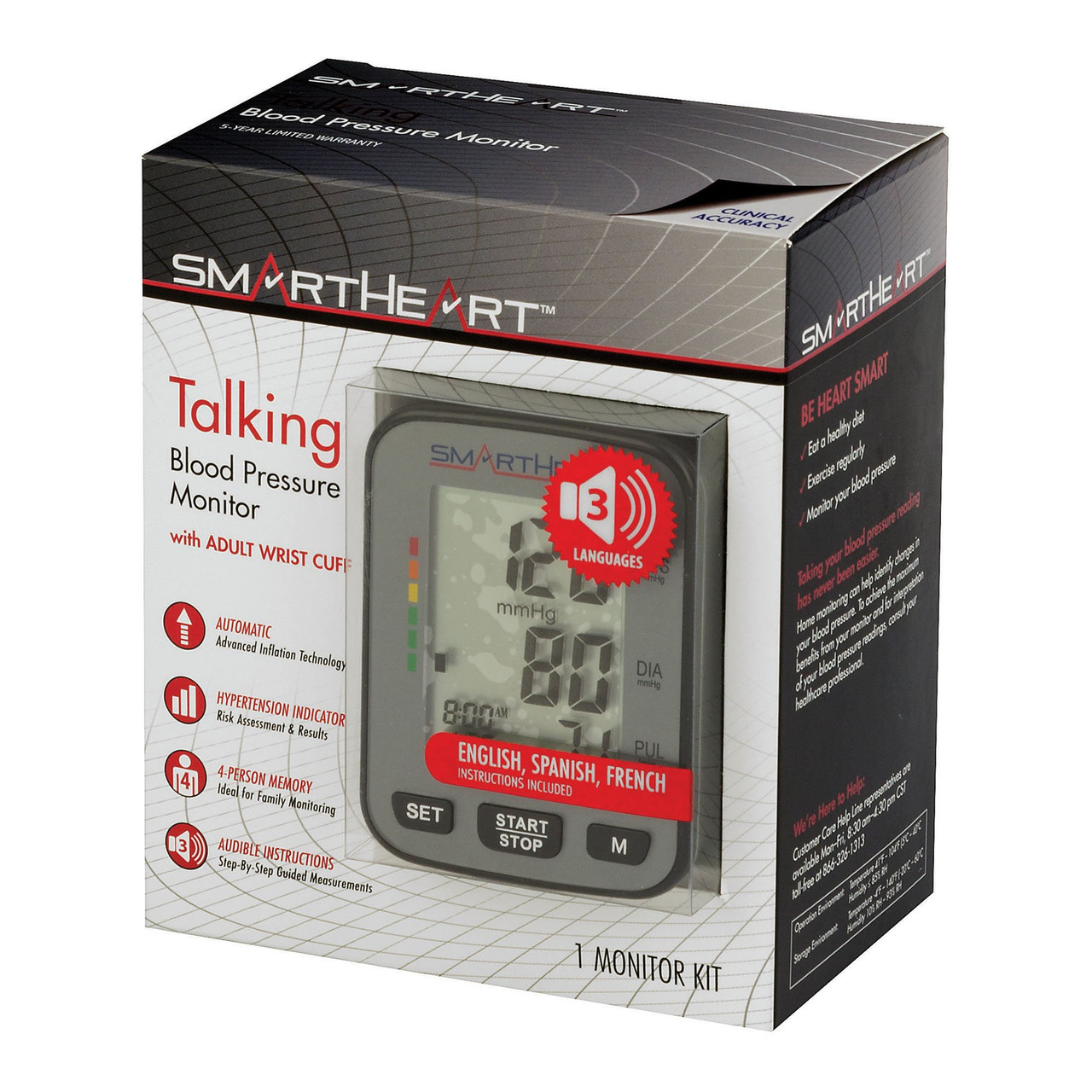 SmartHeart Blood Pressure Monitor | Wide-Range Upper Arm Cuff | Talking  English Spanish Audible Instructions and Results | 2-Person Memory