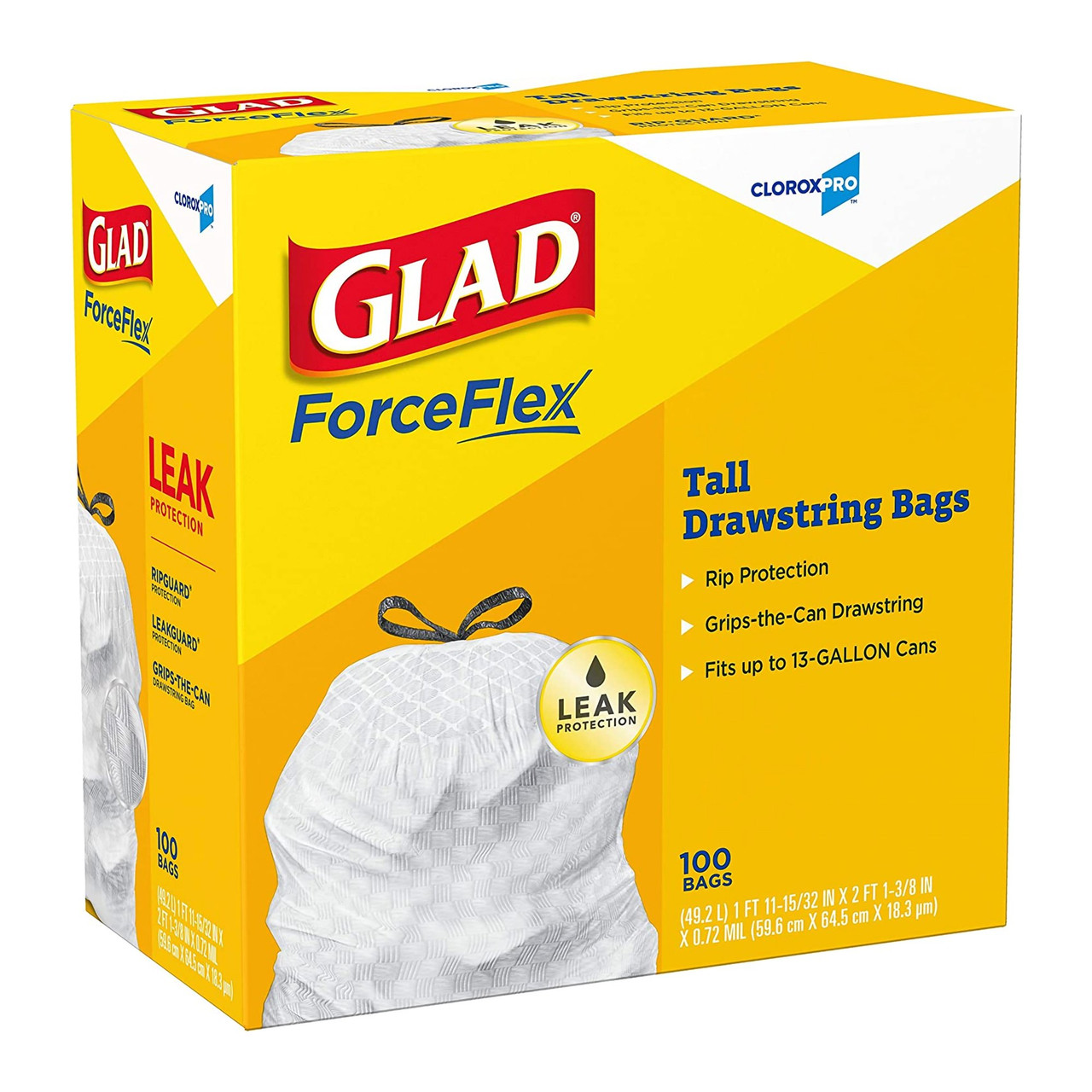 Glad CloroxPro ForceFlex Plastic Tall Kitchen Drawstring Trash Bags 13  Gallons 11 1532 x 25 38 White 100 Bags Per Box Carton Of 4 Boxes - Office  Depot