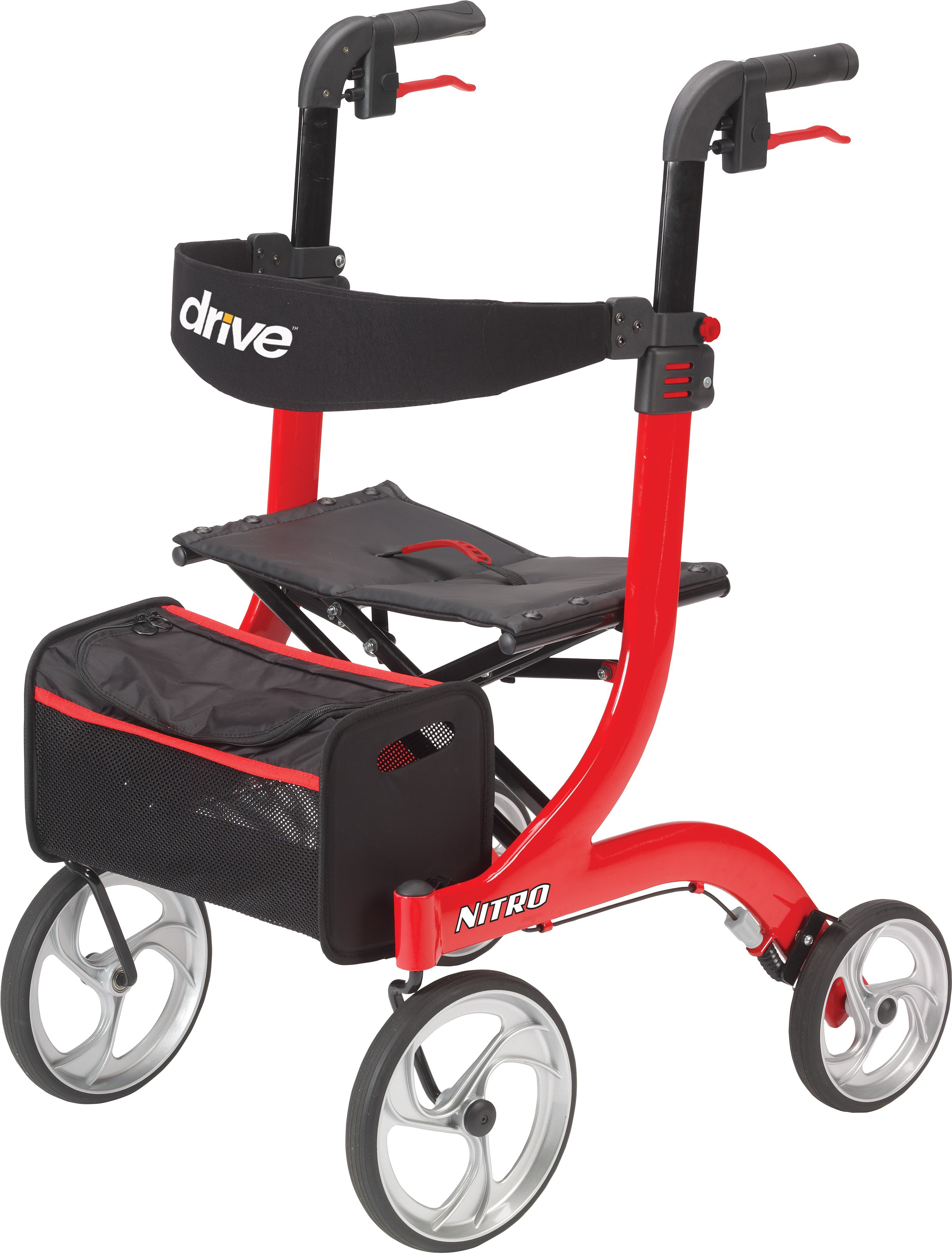 drive Nitro Rollator / Rolling Walker, 4 Wheels - Aluminum Frame,  Adjustable Height - Red, 33.5 in to 38.25 in Handle Height