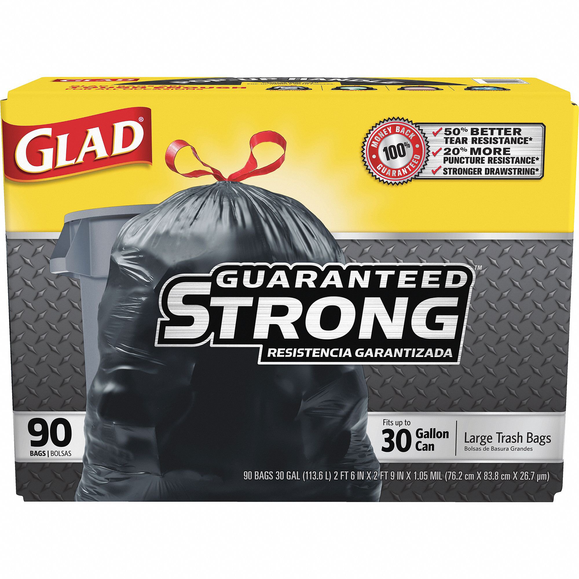 Glad Drawstring Large Trash Bags, 30 gal, 1.05 mil, 30 x 33, Black, 90/Carton