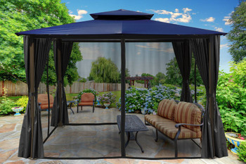 Barcelona Soft Top Gazebo with Navy Dome-Tex Canopy, Mosquito Netting and Curtains  (10 ft. x 12 ft.)