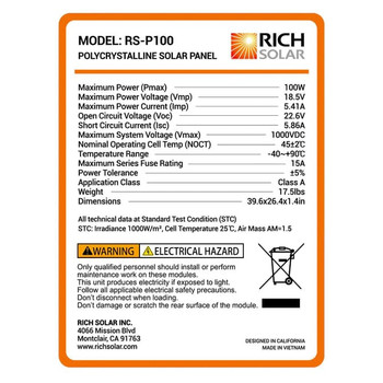 Rich Solar MEGA 100 Watt Solar Panel Poly - BACKORDER