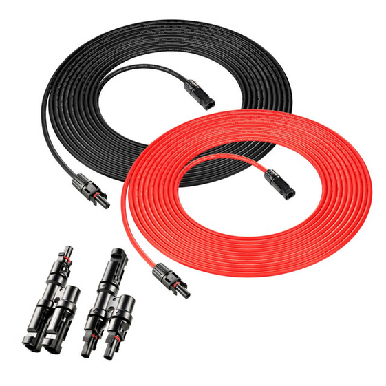 Rich Solar RS-30102T2 10 Gauge Solar Panel Extension Cable with Male and Female Solar Connector Ends and Parallel Connectors | Pair of 10AWG Red and Black Extension Wire and Parallel Connectors (RS-30102T2-Main)