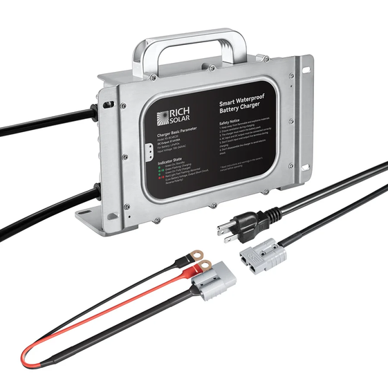 Rich Solar RS-BC48C20 48V (57.6V) Waterproof LiFePO4 Charger | 20A / 25A, 100-240V AC, 8-in-1 Protection, Fan-Cooled (RS-BC48C20-Main)