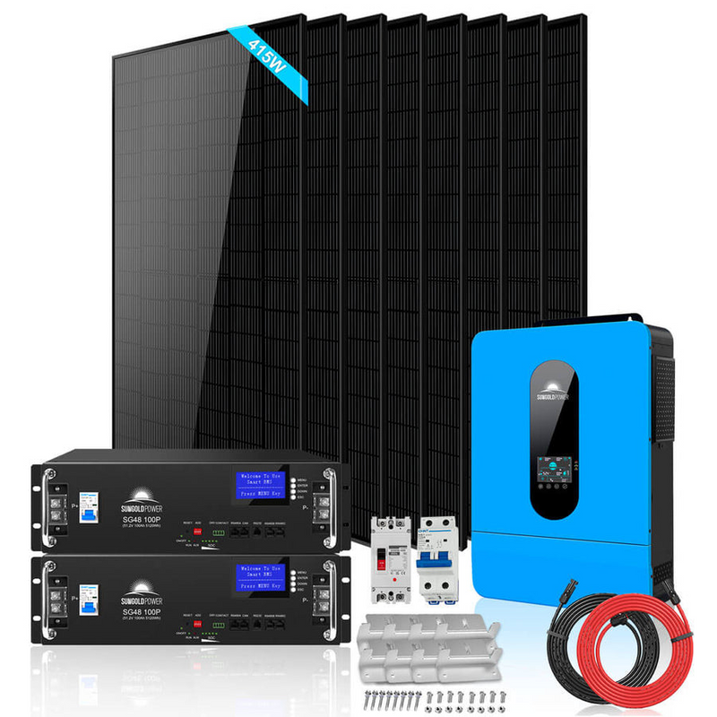SunGoldPower SGR-6510E Off-Grid Solar Kit 6500W 48VDC 120/240VAC LifePo4 10.24KWH Lithium Battery 8 X 415W Solar Panels (SGR-6510E)