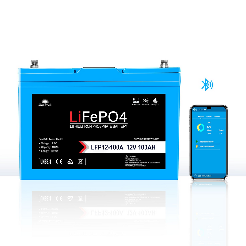 SunGoldPower LFP12-100A 12V 100AH LiFePO4 Deep Cycle Lithium Battery / Bluetooth /Self-heating / IP65 (LFP12-100A)