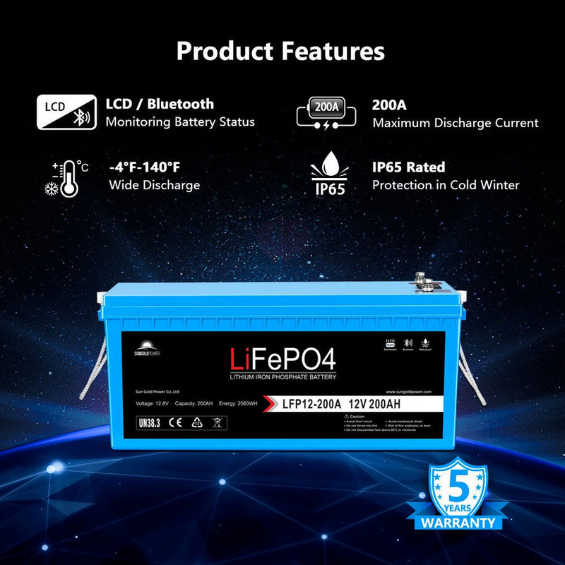 SunGoldPower LFP12-200A 12V 200Ah LiFePo4 Deep Cycle Lithium Battery Bluetooth / Self-Heating / IP65 (LFP12-200A)