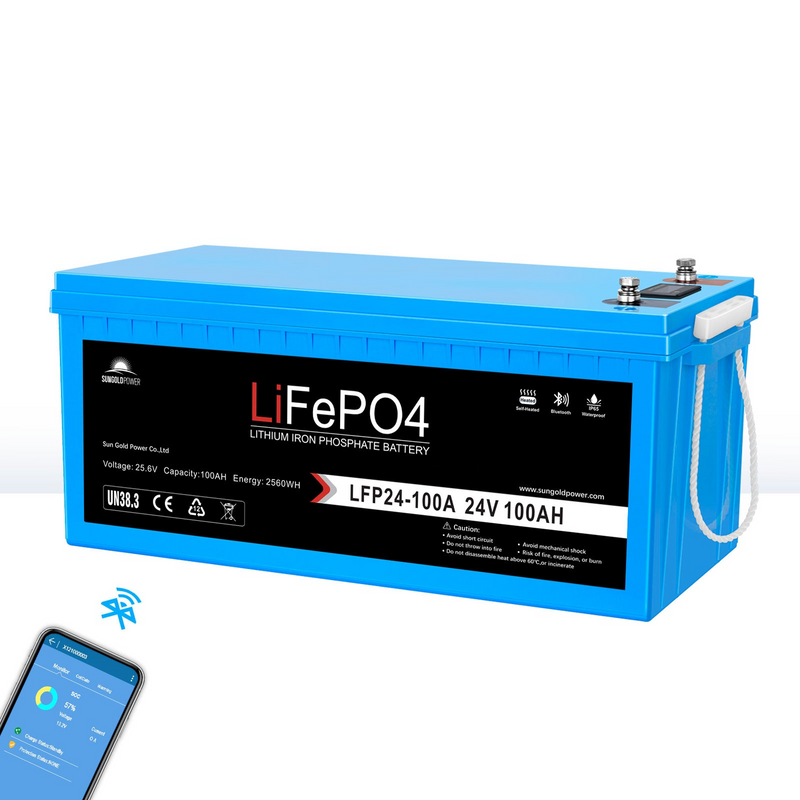 SunGoldPower LFP24-100A 24V 100Ah LiFePo4 Deep Cycle Lithium Battery Bluetooth / Self-Heating / IP65 (LFP24-100A)