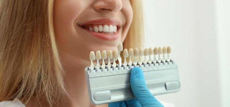 Dentist colour-matching the teeth of a female patient