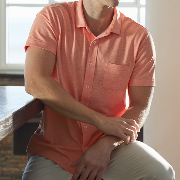 CORAL HEATHER || Lifestyle info model wearing polo