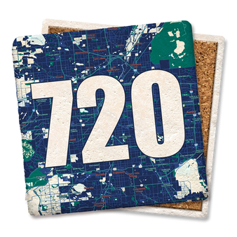 coaster made of natural absorbent stone with full cork back printed with custom area code and city map