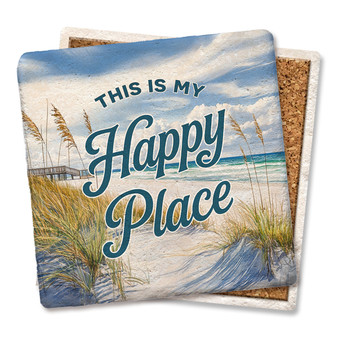 Coaster made of absorbent stone & cork back printed with This Is My Happy Place