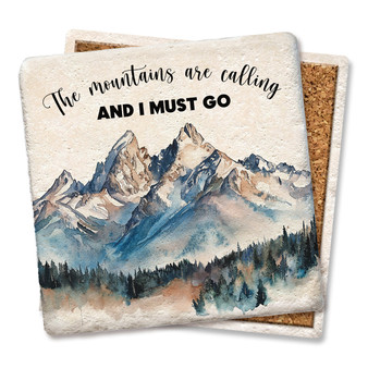 Coaster made of absorbent stone & cork back printed with The Mountains Are Calling