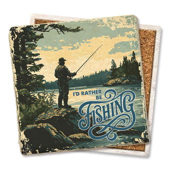 Coaster made of absorbent stone & cork back printed with I'd Rather Be Fishing