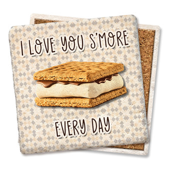 Coaster made of absorbent stone & cork back printed with I Love You S'more Every Day