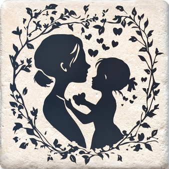 Mother and girl facing each other inside a flower wreath