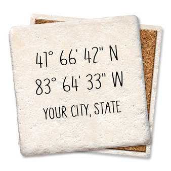 coaster made of natural absorbent stone with full cork back printed with custom coordinates and city state