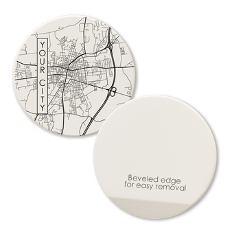 car coaster made of absorbent ceramic printed with custom city street map showing beveled edge on back for easy removal