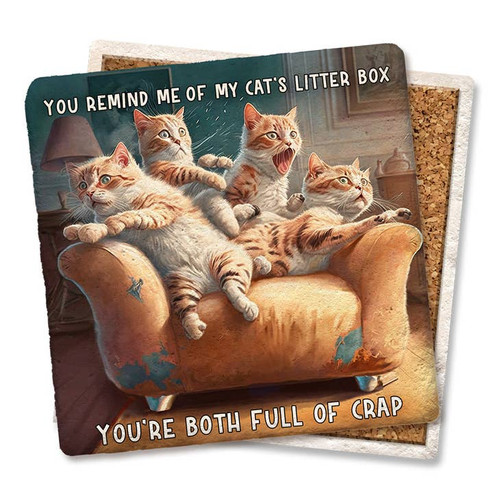 Coaster made of absorbent stone & cork back printed with You remind me of my cat's litter box. You're both full of crap.