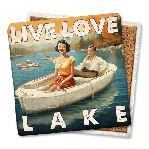 Coaster made of absorbent stone & cork back printed with Live Love Lake Coaster