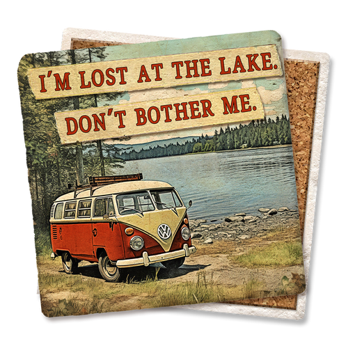 Coaster made of absorbent stone & cork back printed with I'm Lost At The Lake Coaster