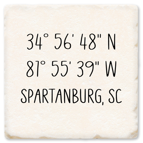 Coaster made of natural absorbent ceramic with full cork back printed with custom coordinates and city state