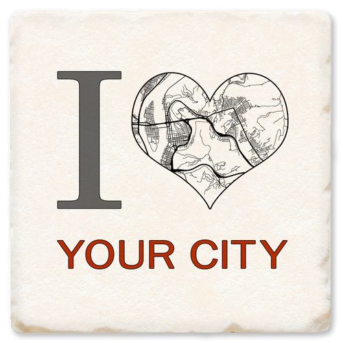 Coaster made of natural absorbent ceramic with full cork back printed with custom I heart city