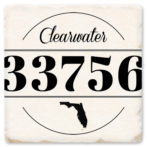 Coaster made of natural absorbent ceramic with full cork back printed with custom zip code and city state