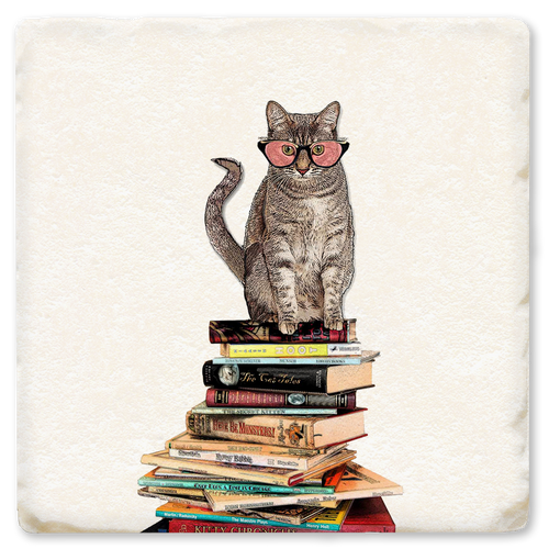 Economy coaster made of absorbent ceramic & cork back printed with a cat sitting on a stack of books wearing glasses