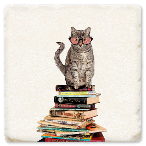 Coaster made of absorbent ceramic & cork back printed with a cat sitting on a stack of books wearing glasses