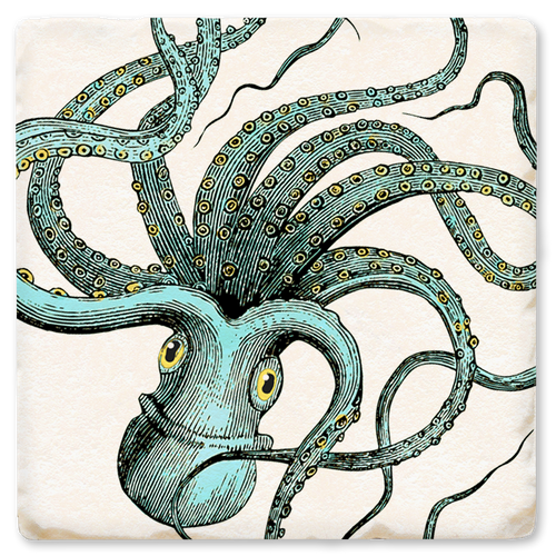 Coaster made of absorbent ceramic & cork back printed with a light blue octopus illustration