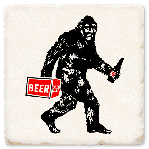 Coaster made of absorbent ceramic & cork back printed with bigfoot carrying a six pack of beer