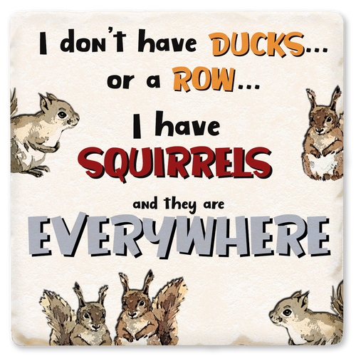 Coaster made of absorbent ceramic & cork back printed with I don't have ducks or a row. I have squirrels, & they are everywhere!