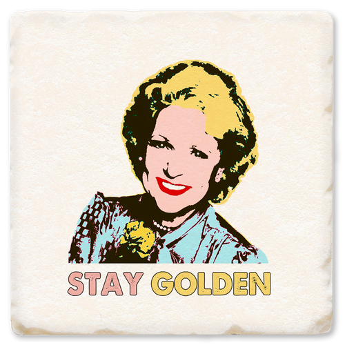 Economy coaster made of absorbent ceramic & cork back printed with Stay Golden & Warhol style picture of Betty White