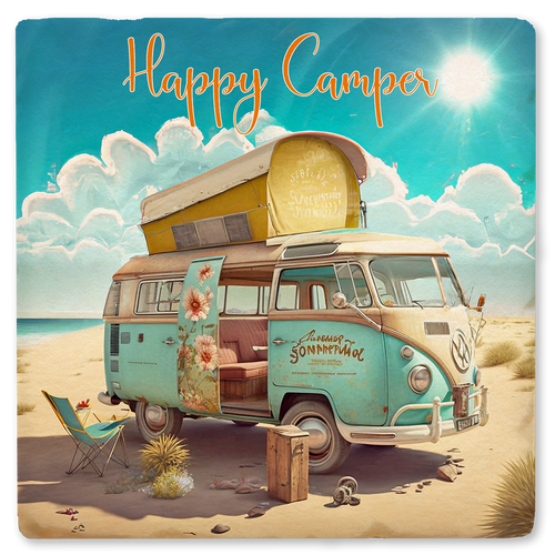 Coaster made of absorbent ceramic & cork back printed with Happy camper on a beach