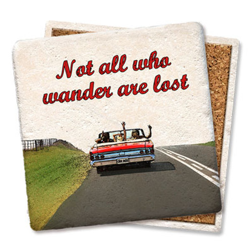 Coaster made of absorbent stone & cork back printed with not all who wander are lost & car driving on road