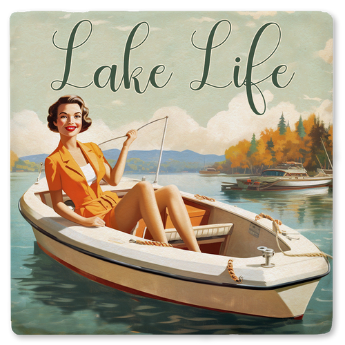 Coaster made of absorbent ceramic & cork back printed with Lake Life