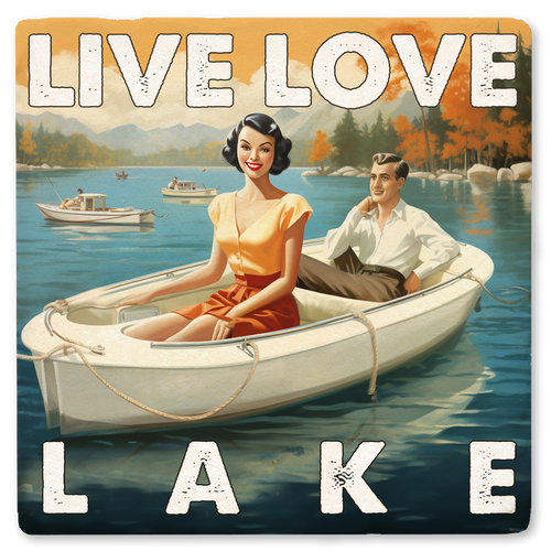 Coaster made of absorbent ceramic & cork back printed with Live Love Lake