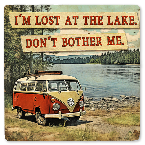 Coaster made of absorbent ceramic & cork back printed with I'm Lost At The Lake