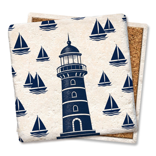 Nautical Lighthouse with Sailboats Limestone Coaster