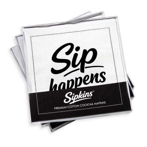 pack of 24 Sipkins™ premium cotton cocktail napkins in a clear box