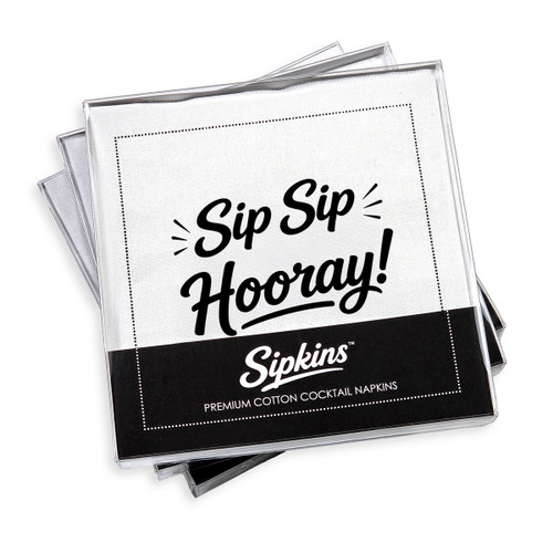 pack of 24 Sipkins™ premium cotton cocktail napkins in a clear box