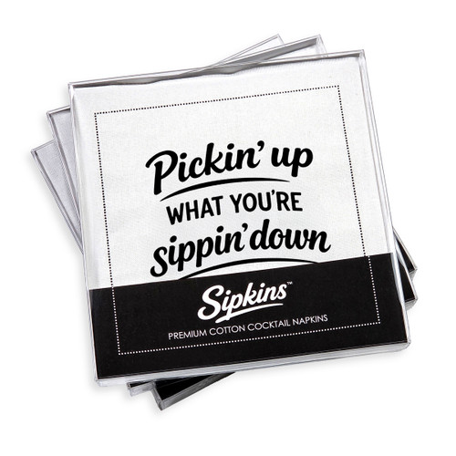pack of 24 Sipkins™ premium cotton cocktail napkins in a clear box