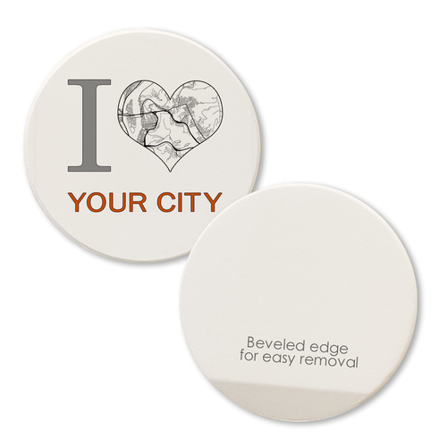 car coaster made of absorbent ceramic printed with custom i heart city map showing beveled edge on back for easy removal