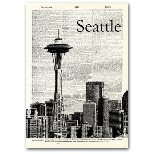 Seattle Skyline Black & White Dictionary Art Sign