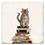 Coaster made of absorbent ceramic & cork back printed with a cat sitting on a stack of books wearing glasses